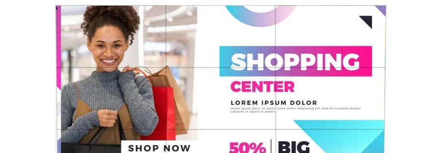 46-inch LCD video wall displaying shopping center promotion with discount offers