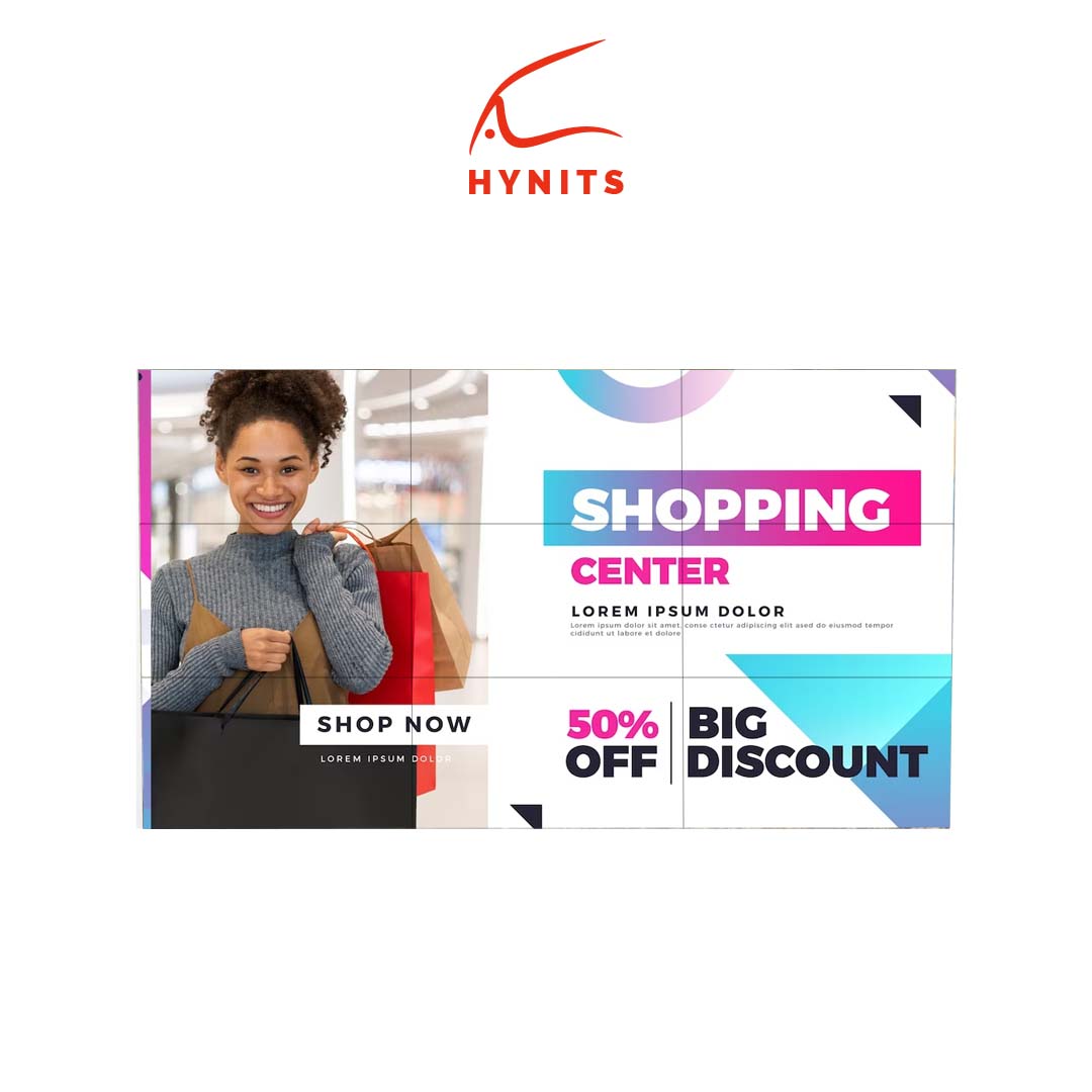 46-inch LCD video wall displaying shopping center promotion with discount offers