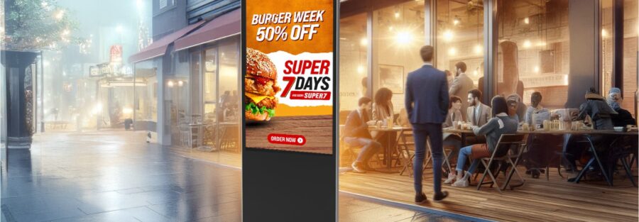 Digital menu board display in a modern restaurant showing food items and pricing