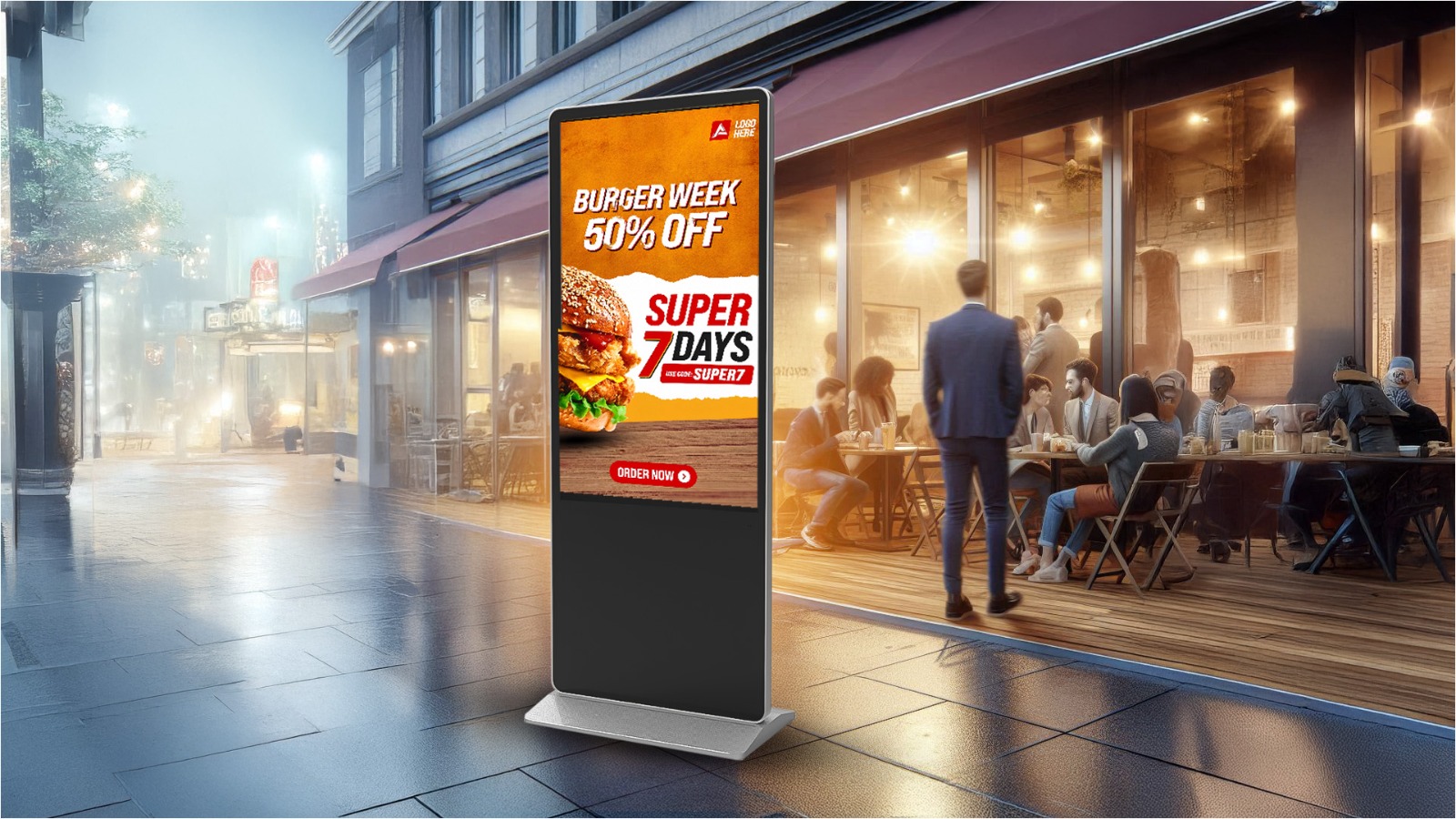 Digital menu board display in a modern restaurant showing food items and pricing