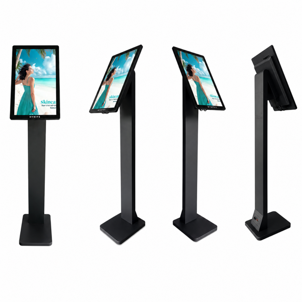 Slim floor-standing digital signage kiosk with a Full HD touchscreen display shown from multiple angles on a white background.