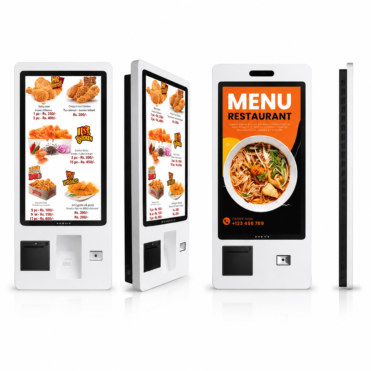 Interactive self-service kiosk display with capacitive touch screen, Android/Windows/Linux support, thermal printer, QR scanner, and modern wall-mounted design in multiple viewing angles.