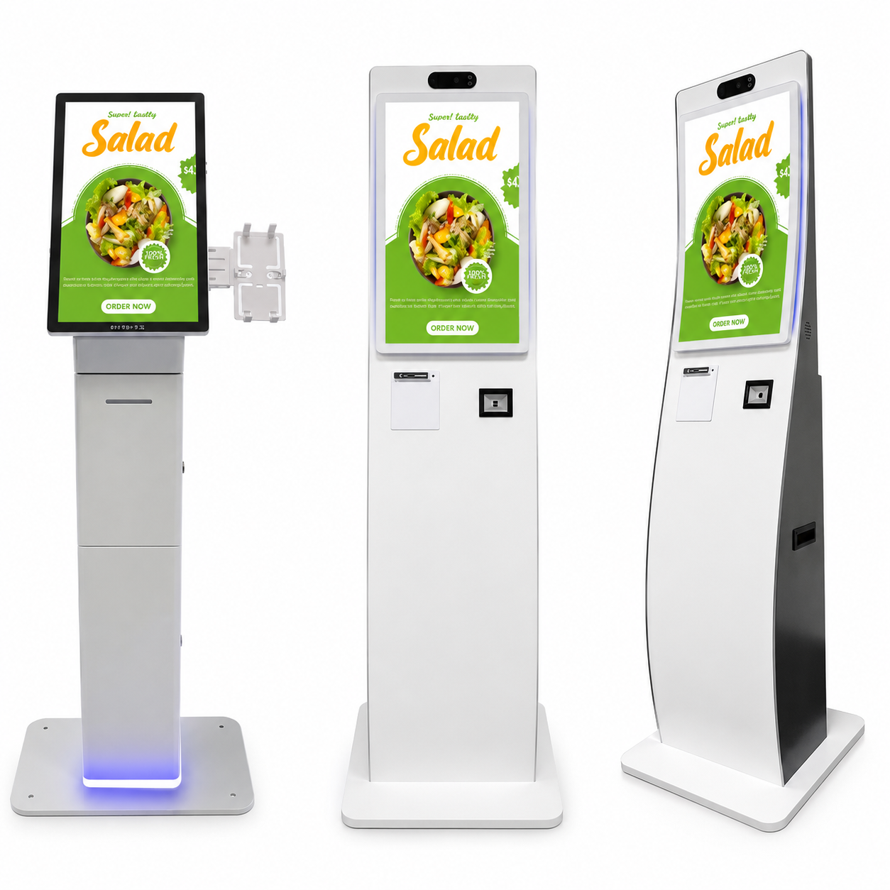 Modern floor-standing self-service kiosk display in white and black finish with a 21.5"–32" Full HD PCAP touch screen, available in Android, Windows, or Linux versions, featuring optional NFC, thermal printer, POS terminal, dual camera, and QR/barcode scanner.