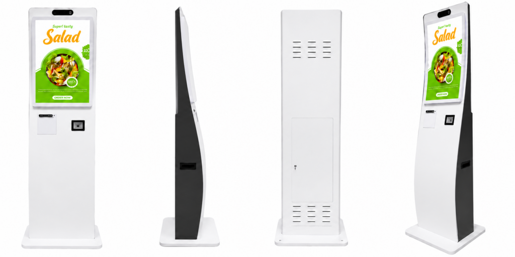 Modern floor-standing self-service kiosk display with Full HD PCAP touch screen shown in front, side, and rear views, featuring optional printer, POS terminal, and barcode scanner support.