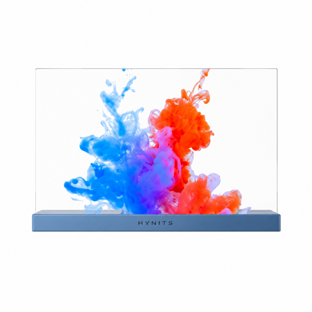 Hynits Transparent OLED display with vivid floating color visuals, ultra-slim transparent screen, and premium commercial display design on a white background.