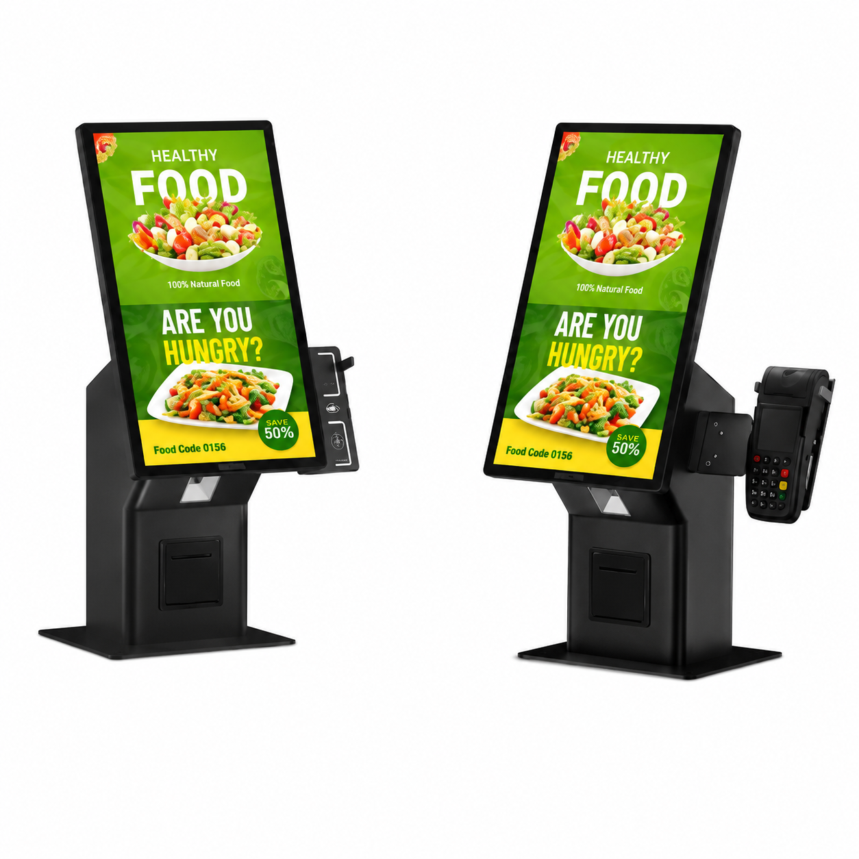 Modern self-service kiosk displays with touchscreen interface, integrated payment terminal, and food ordering advertisement on a clean white background.