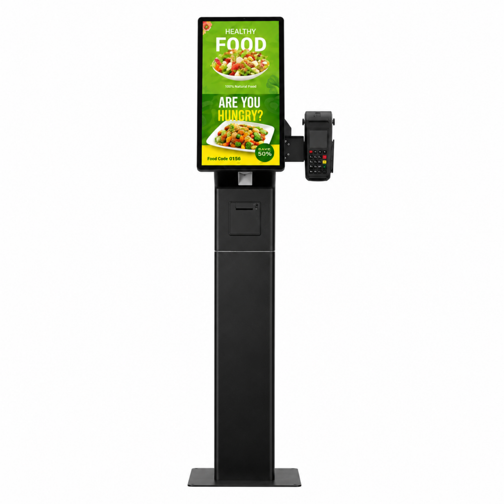 Black self-service kiosk with vertical touchscreen display, integrated payment terminal, and interactive digital ordering interface on a white background.