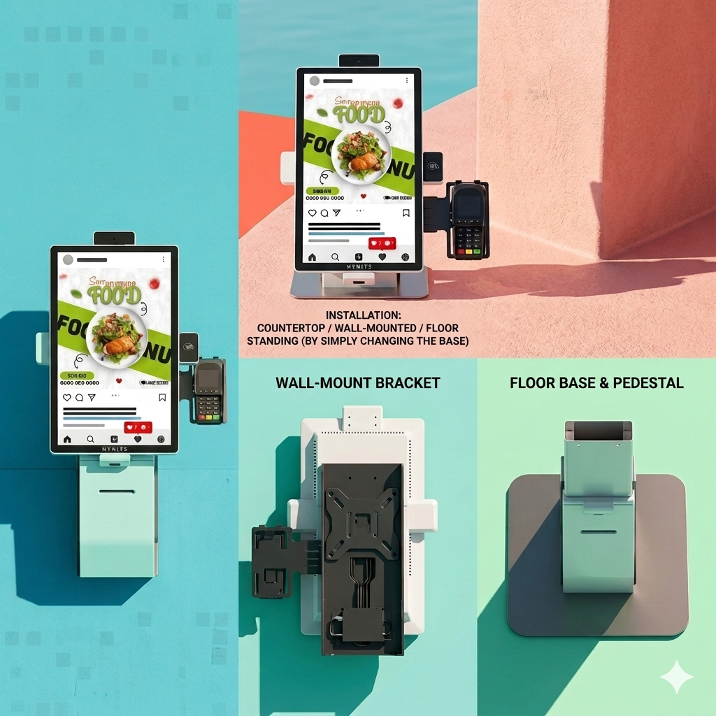 Modern touch self-service ordering kiosk with Full HD display, PCAP touch technology, anti-glare glass, and modular payment integration options.