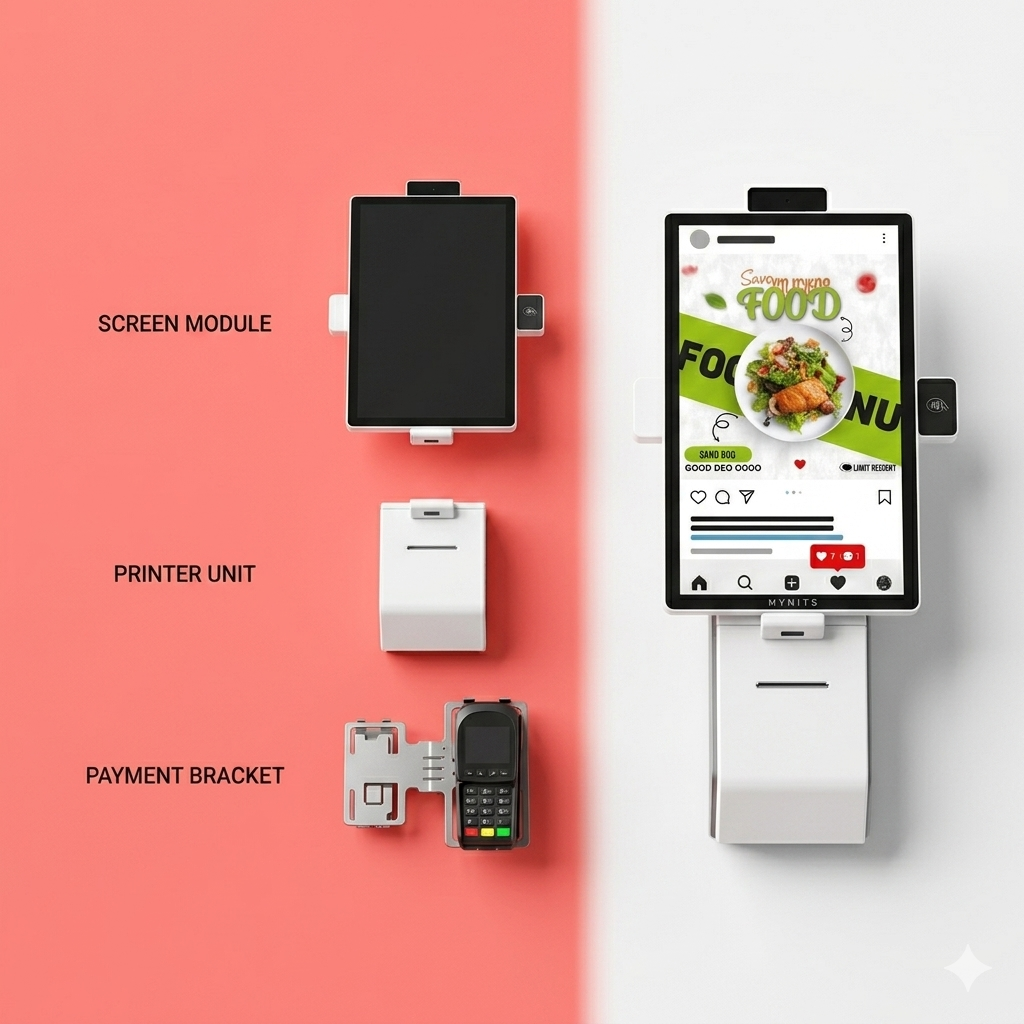 High-resolution product showcase of a modular touch self-service ordering kiosk on a yellow split-color background, displaying the assembled unit alongside its individual components: Screen Module, Printer Unit, and Payment Bracket.