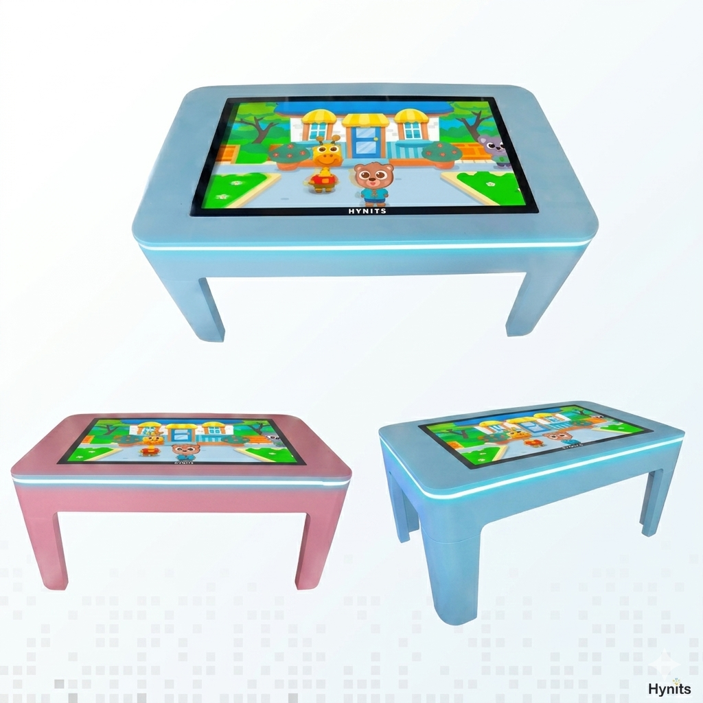 Three smart interactive touchscreen tables for kids in pink and blue colors featuring a bright cartoon educational game and a glowing LED light border around the frame.