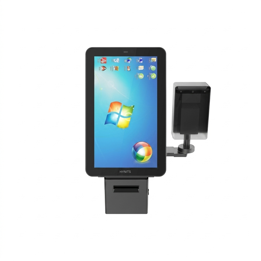 "A clean studio-shot product image displayed in a square 600x600 layout featuring a sleek, black HYNITS 21.5-inch self-service interactive terminal centered against a solid white background. The vertical touchscreen prominently shows the 'HYNITS' brand name on the bottom bezel and displays a bright blue desktop OS user interface. Below the display panel is a compact black chassis featuring a built-in receipt printer slot. Attached to the right side via a sturdy metallic mounting arm is a secondary modular peripheral scanner unit facing forward."
