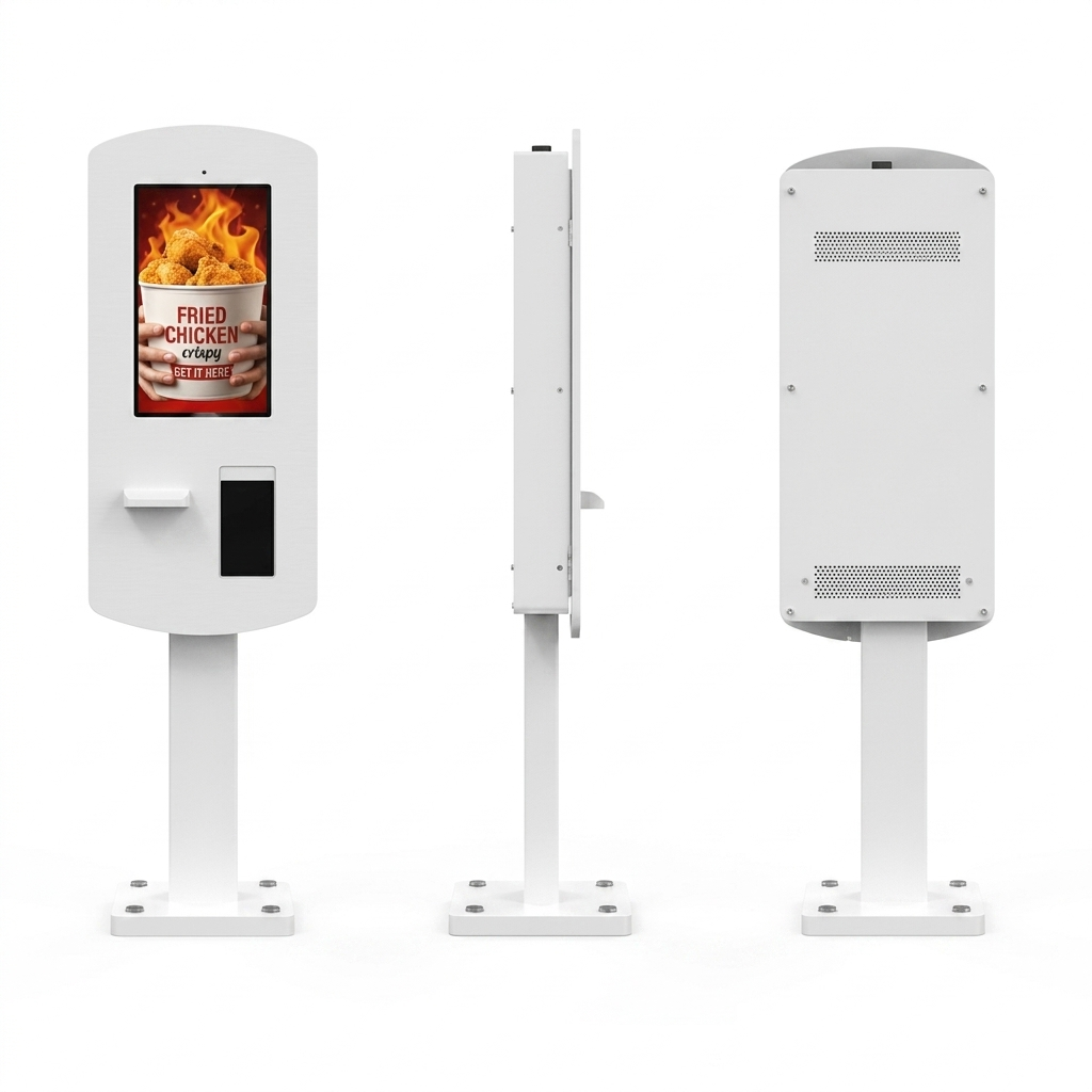 "A professional, three-angle product rendering shown in image_0811eb.png featuring a sleek, floor-standing white commercial self-service kiosk against a clean white background. The view on the left shows the front of the terminal, featuring a vertically oriented touchscreen displaying a vivid fried chicken advertisement, a built-in receipt printer mouth, and an integrated card payment terminal slot. The center view captures the slim side profile of the unit mounted on its pedestal. The right view details the smooth back panel equipped with upper and lower ventilation grilles for heat management.