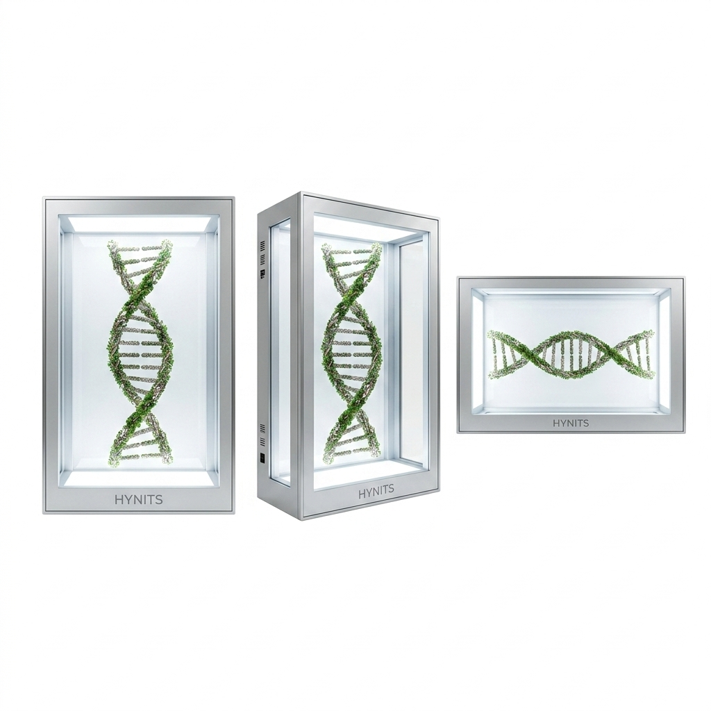 "A professional product layout presented in image_218316.jpg showcasing three angles of a HYNITS white transparent LCD display showcase box against a seamless white background. On the left, a front-facing portrait view shows a clear digital screen overlaid on a 3D DNA strand model lit brightly from within. The center view shows a three-quarter perspective highlighting the depth of the display box, side ventilation grilles, and physical inputs. The right view displays the unit mounted in a horizontal landscape orientation, demonstrating the screen's layout versatility."
