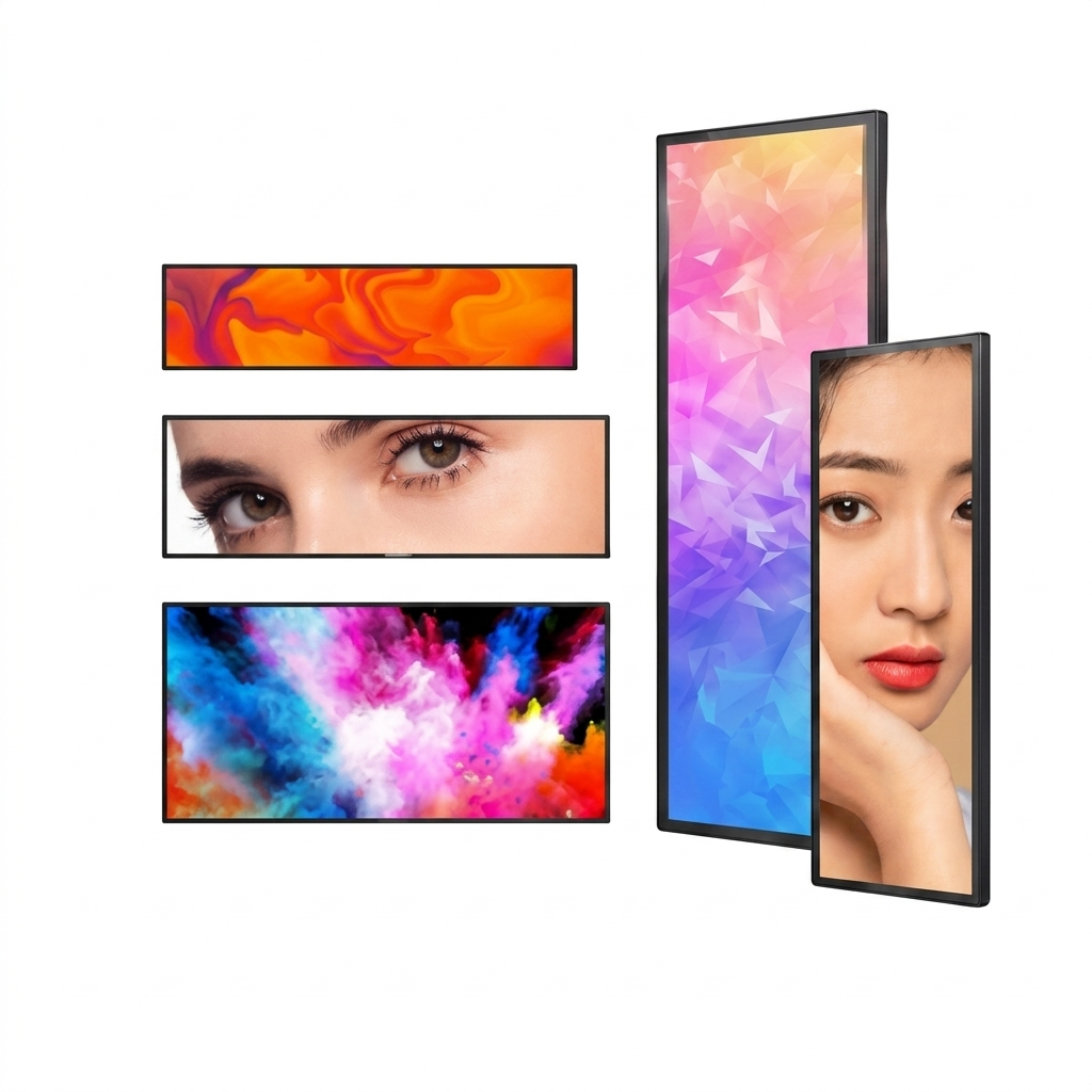 "A clean product showcase presented in image_15aa6a.jpg featuring a collection of ultra-wide, ultra-stretched rectangular black-framed LCD commercial monitors arranged on a solid white background. On the left, three stretched panels are stacked horizontally, displaying vibrant orange liquid marble art, a close-up image of human eyes, and an explosive multicolored smoke graphic. On the right, two ultra-wide bar displays are positioned vertically, one showing a colorful geometric low-poly pattern and the other displaying a crisp portrait of a person's face, demonstrating both landscape and portrait versatility."