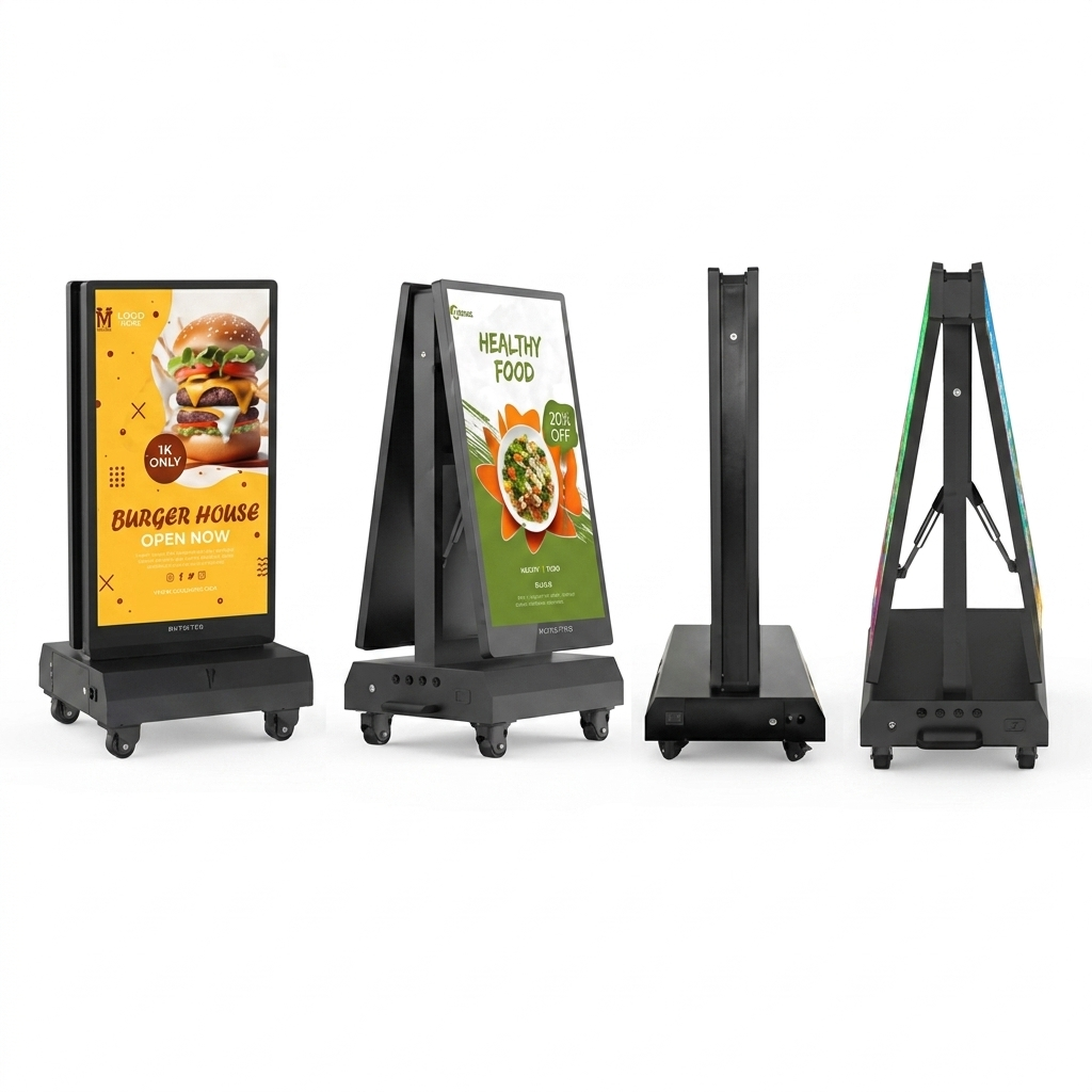 "Four professional studio views of a matte black, portable dual-sided digital A-frame sign on wheels against a clean white background. From left to right: front-facing view with a yellow 'Burger House' advertisement, a slightly angled view displaying a green 'Healthy Food' menu layout, a perfectly flat side profile, and an open rear-angle frame view highlighting the supportive structural components and wheels."