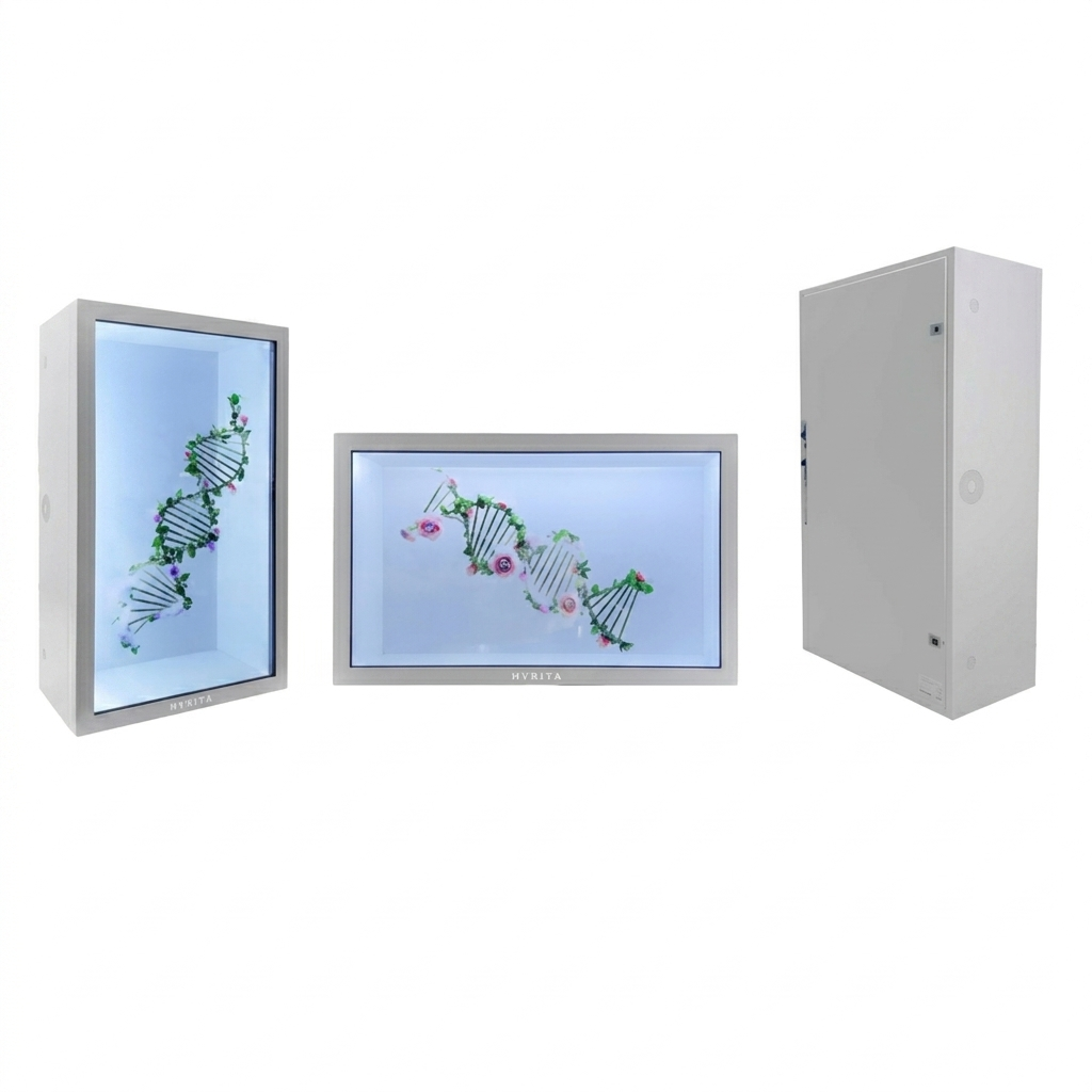 "A professional product layout presented in image_225567.jpg showcasing three different angles of a HYNITS white transparent LCD display showcase box against a seamless white background. On the left, a three-quarter portrait perspective shows a clear digital screen overlaid on a 3D DNA strand model decorated with pink flowers, brightly illuminated from within. The center view displays the unit mounted in a horizontal landscape orientation showing the same DNA animation. The third view on the right shows the rear angle of the closed white metallic cabinet structure, displaying its clean enclosure paneling."