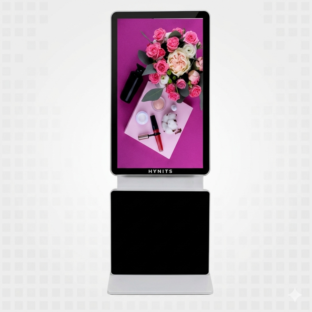"A multi-view product showcase of the Hynits Interactive Floor Standing Touch Kiosk. The image displays the white kiosk from four angles: front landscape view, side perspective, 360-degree rotation, and front portrait view. All screens feature the same digital advertisement for cosmetics and flowers on a purple background, with the 'HYNITS' logo visible