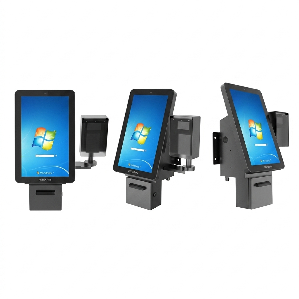 "Three studio views of a dark grey, industrial-grade 21.5-inch self-service kiosk with integrated peripheral attachments against a solid white background. The views transition from a flat front-facing view on the left, to a three-quarter angled view in the center, and a sharp side profile view on the right showing the heavy-duty wall-mount bracket. Each terminal features a vertical touchscreen displaying a standard desktop operating system background, a thermal receipt printer slot directly beneath the screen, and a secondary side-mounted scanner or payment module."
