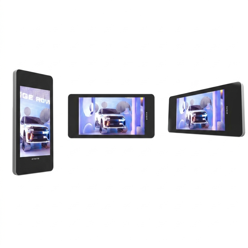 "Three professional views of a sleek, black digital display panel with a silver side accent against a solid white background. The left view shows the monitor vertically oriented from a sharp side profile, while the center and right views show the panel horizontally at flat and angled perspectives. Each screen displays a high-contrast automotive advertisement featuring a modern white SUV in a futuristic showroom setting."
