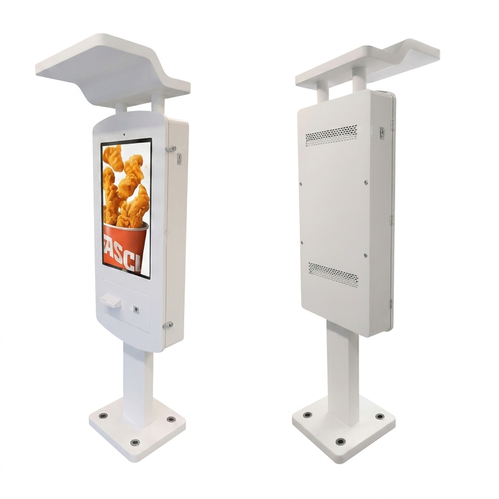 "A professional, two-angle studio presentation shown in image_14d070.jpg showcasing a white, heavy-duty floor-standing commercial self-service kiosk against a clean white background. The view on the left captures a three-quarter front perspective, showing a vertical touchscreen displaying a fried chicken graphic, an integrated receipt printer exit, and a protective overhead sun canopy shielding the screen. The view on the right reveals a three-quarter rear perspective of the kiosk casing, highlighting dual cooling ventilation grilles, secure access panel latches, and the heavy-duty anchor base plate."