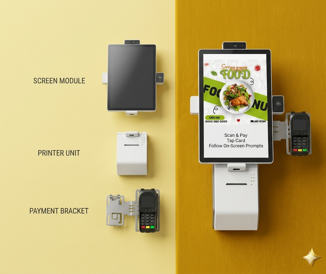 High-resolution product showcase of a modular touch self-service ordering kiosk on a yellow split-color background, displaying the assembled unit alongside its individual components: Screen Module, Printer Unit, and Payment Bracket.