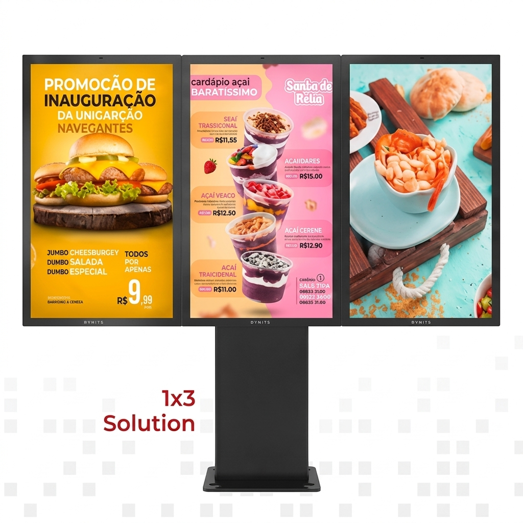 A 3-screen (1x3) outdoor digital menu board kiosk displaying high-resolution food menus, featuring an industrial-grade black enclosure and a high-brightness commercial display.