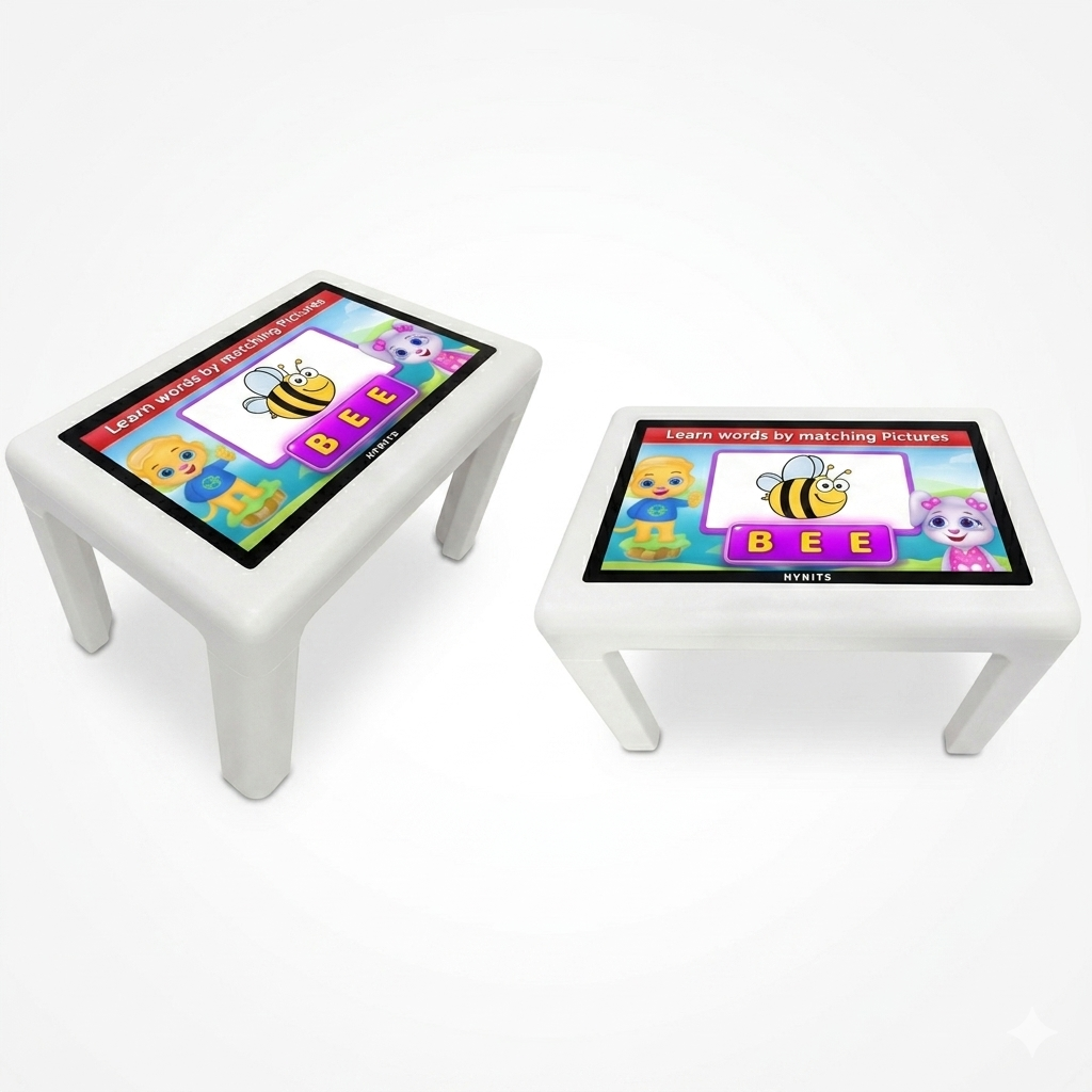 White interactive touch kids table featuring an educational on a waterproof digital screen display for children.