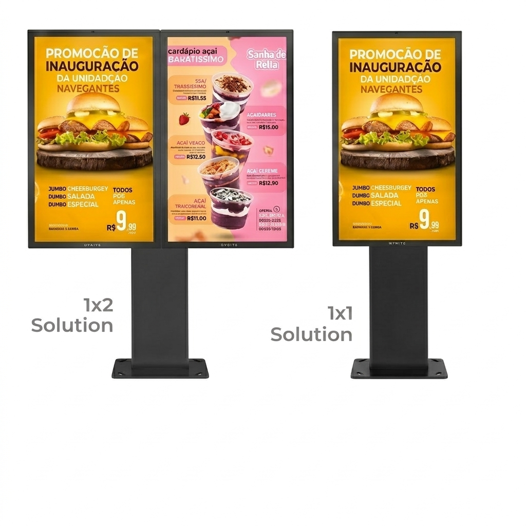 Dual and single screen outdoor digital signage kiosks displaying fast food menus, highlighting fan cooling, high-temperature resistance, and 2500 nits high brightness panels.