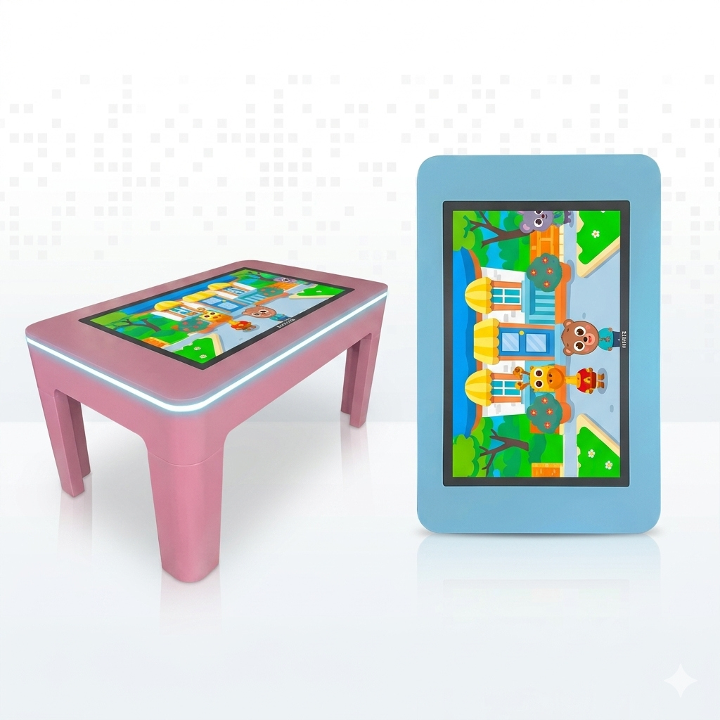 Pink and blue smart interactive touchscreen tables for kids featuring ambient LED light borders and a colorful educational game on the display.