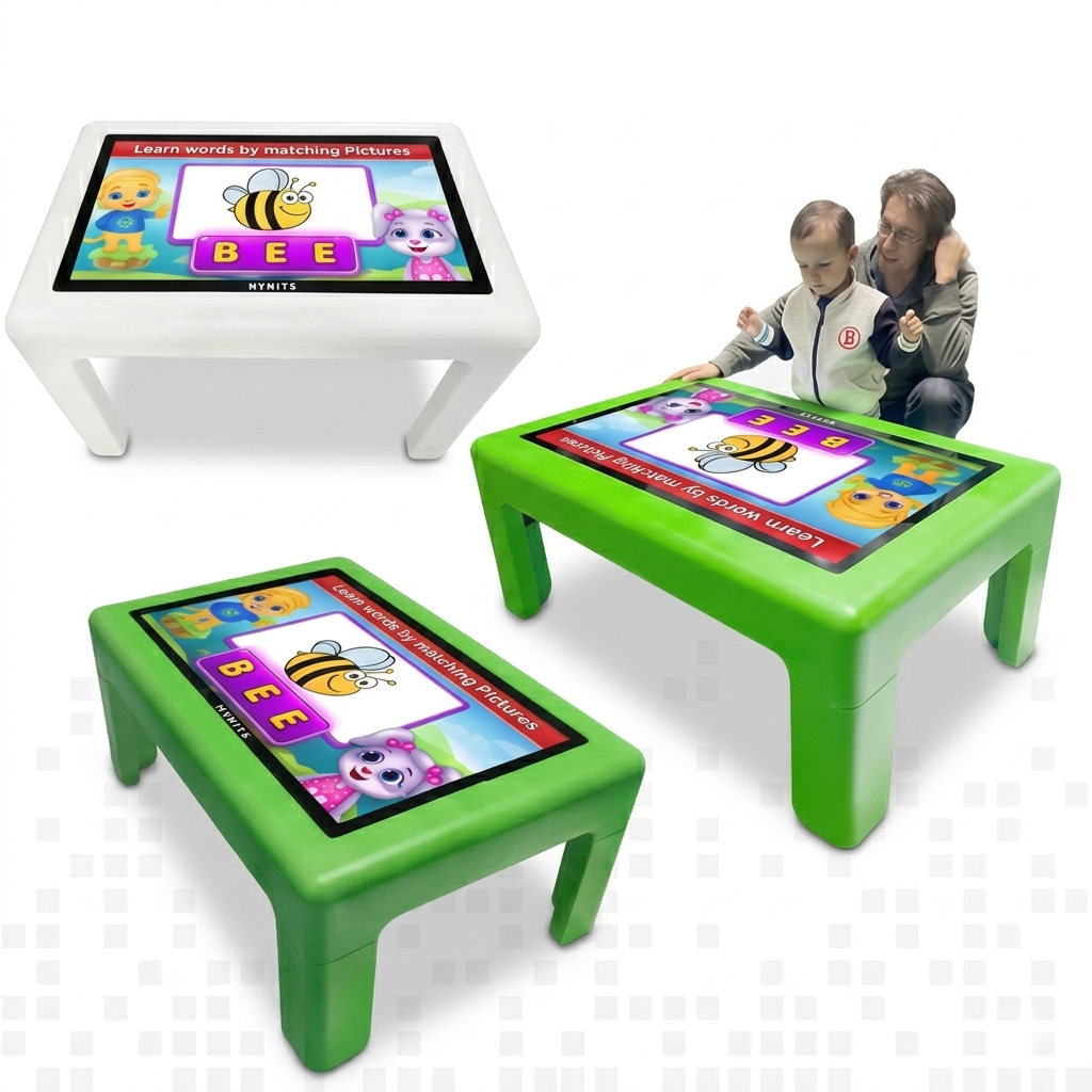 Green and white interactive touch kids tables showing a child and adult interacting with an educational learning game on a waterproof display.