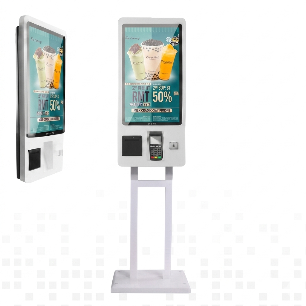 White dual-screen self-service payment kiosk with floor stand displaying a bubble tea menu, equipped with a POS terminal and a receipt printer on a clean background.