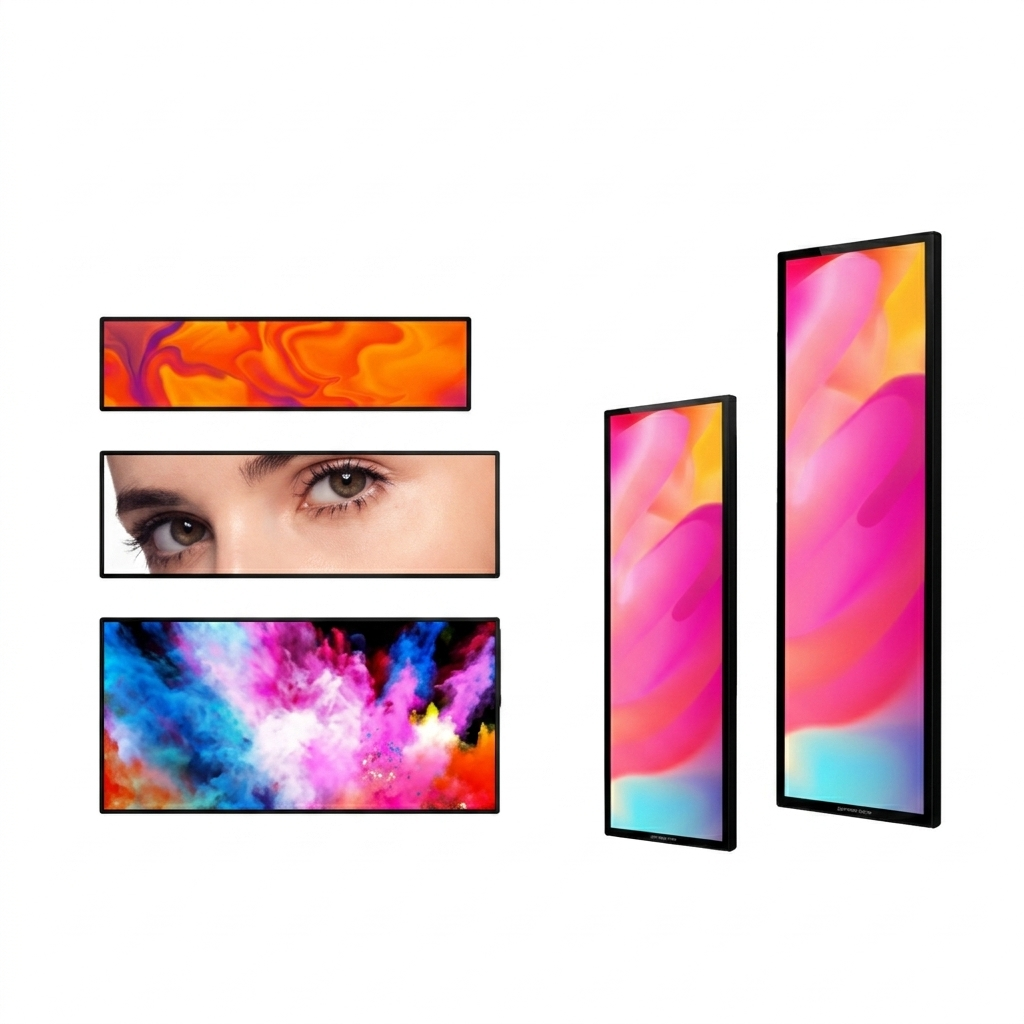 "A clean product showcase presented in image_1613a5.jpg featuring a collection of ultra-wide, ultra-stretched rectangular black-framed LCD commercial monitors arranged on a solid white background. On the left, three stretched panels are stacked horizontally in landscape mode, displaying vibrant orange liquid marble art, a close-up image of human eyes, and an explosive multicolored smoke graphic. On the right, two ultra-wide bar displays are positioned vertically in portrait mode, each showing a colorful pink and orange fluid abstract pattern, demonstrating both landscape and portrait versatility