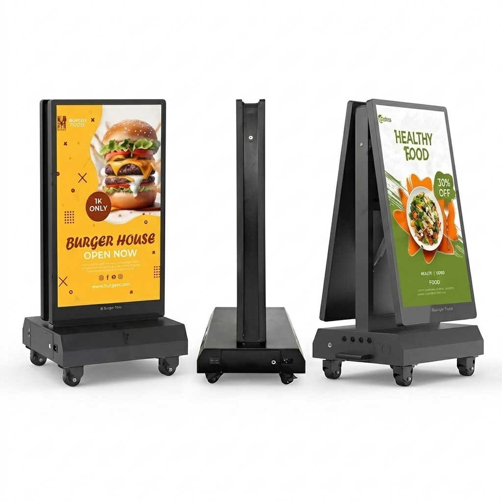 "Three views of a black, portable dual-sided digital signage stand on wheels. The left screen displays a yellow 'Burger House' advertisement, the center shows a slim side profile, and the right screen displays a green 'Healthy Food' ad tilted on its electric axis."