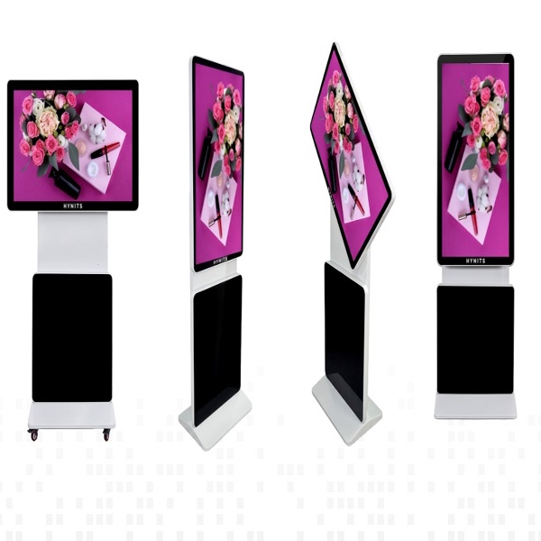 Hynits interactive floor standing touch kiosk display available in horizontal and vertical screen orientations with sleek customizable design for commercial digital signage and self-service applications.