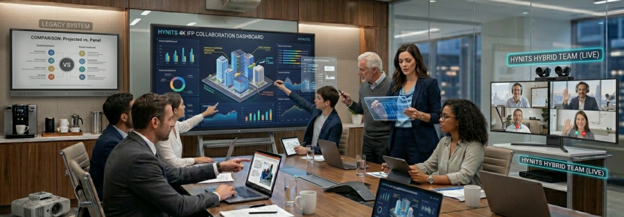 Business professionals using a HYNITS Interactive Flat Panel for collaboration, data presentation, and hybrid meetings in a modern conference room