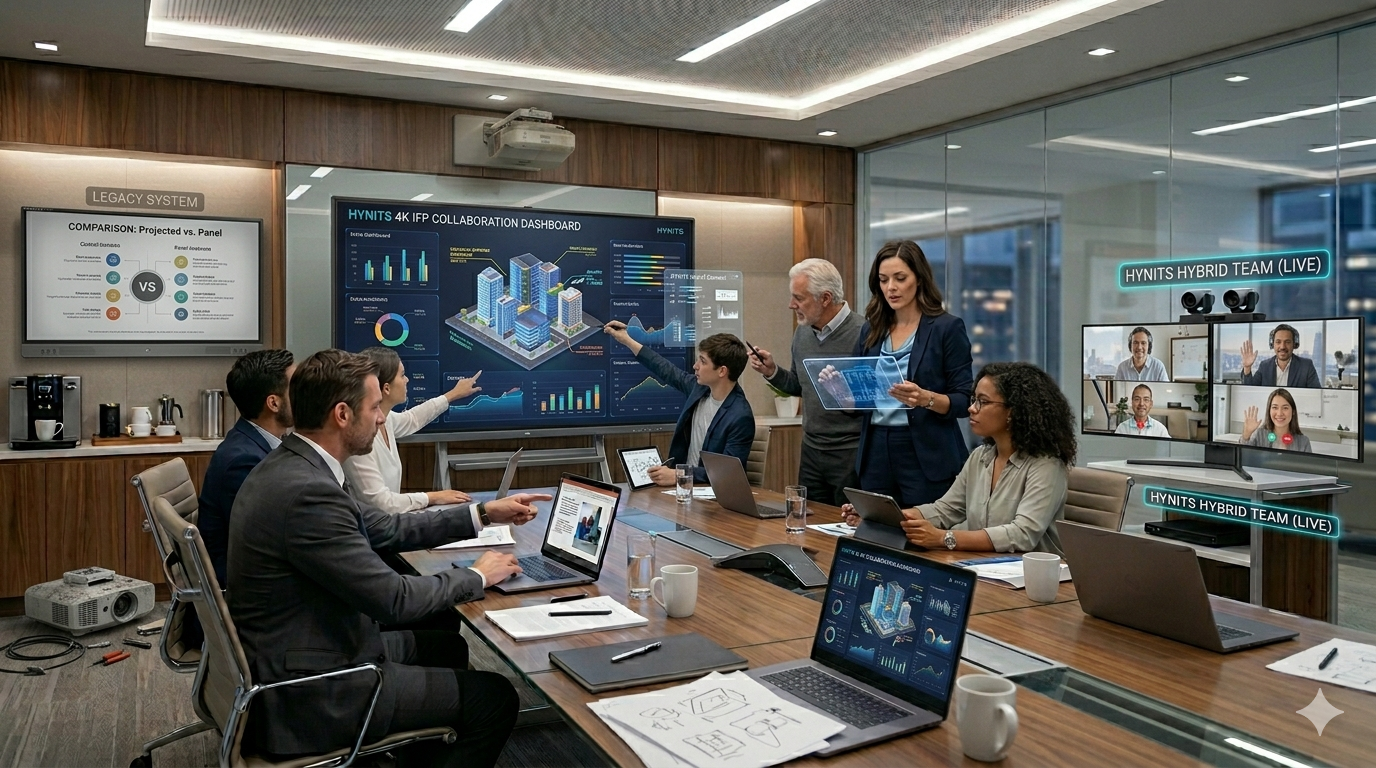 Business professionals using a HYNITS Interactive Flat Panel for collaboration, data presentation, and hybrid meetings in a modern conference room